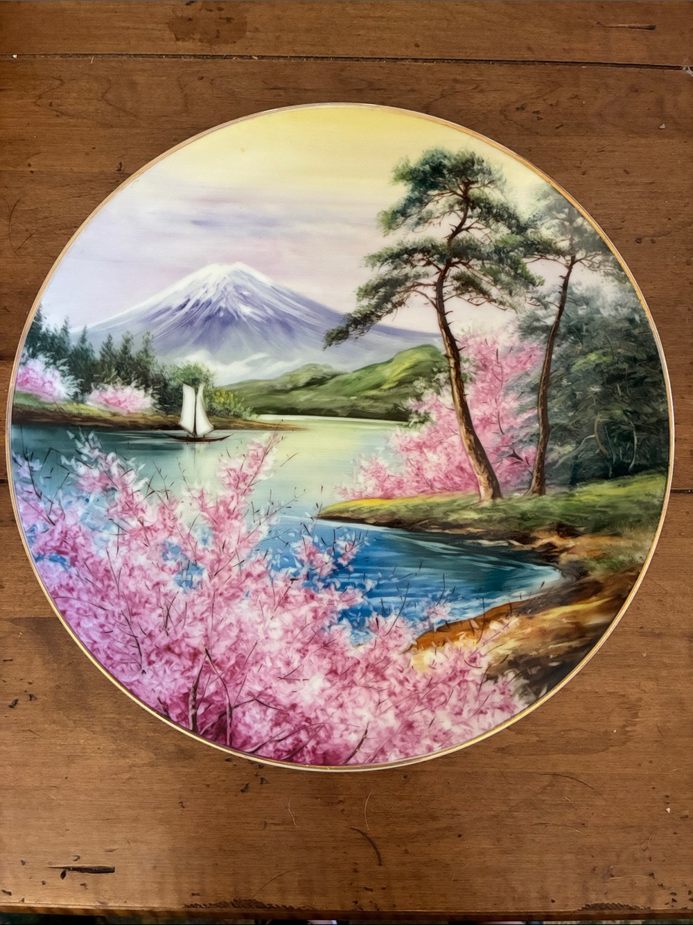Vintage Lily China Japanese Porcelain Plate with Mount Fuji Scenery